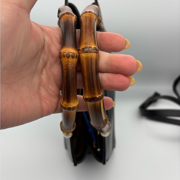 GUCCI Nappa Bamboo Nymphaea Top Handle Satchel Bag Black with Dustbag - Picture 15 of 16